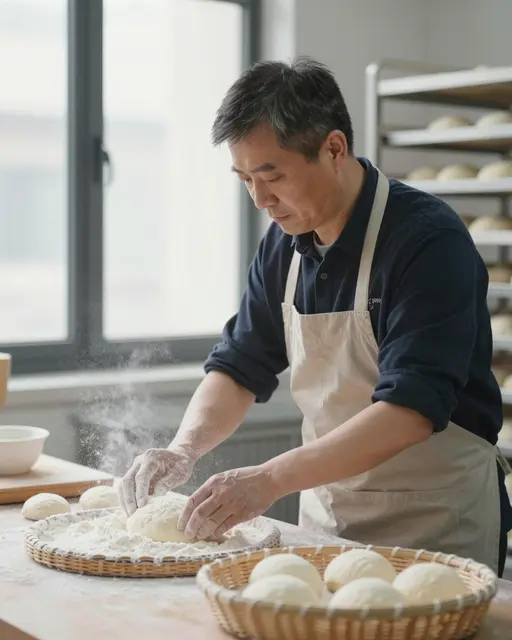 East Asian baker in his forties dusts flour over proofing dough in wicker baskets by soft window light