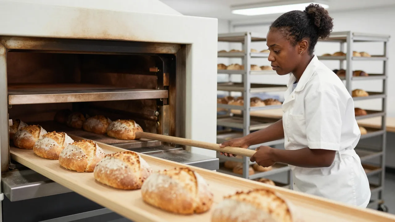 A Black female baker in a white uniform uses a wooden peel to slide bread loaves into a commercial deck oven in a bakery.