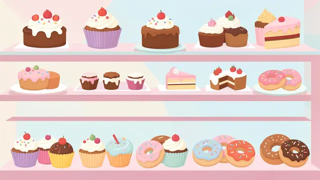 Flat vector illustration of a pastel bakery shelf lined with assorted cakes, cupcakes, and donuts.