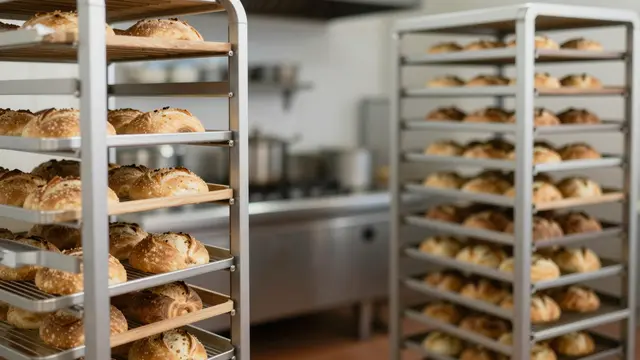 Loaves of fresh baked bread cool on metal and wood racks in an empty commercial bakery kitchen