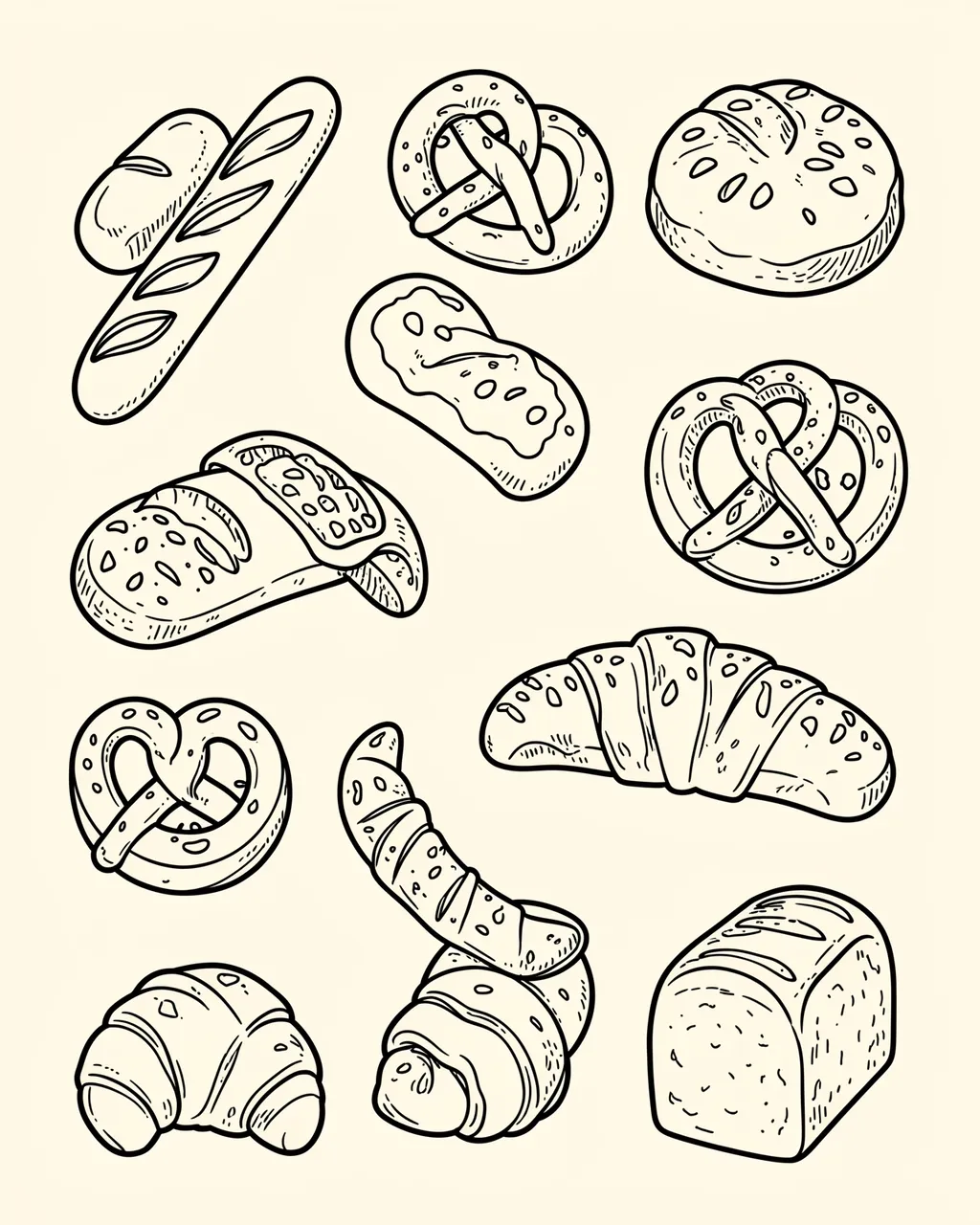 Hand-drawn black line doodles of assorted bread and pastry treats arranged on a cream background