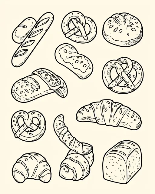 Hand-drawn black line doodles of assorted bread and pastry treats arranged on a cream background