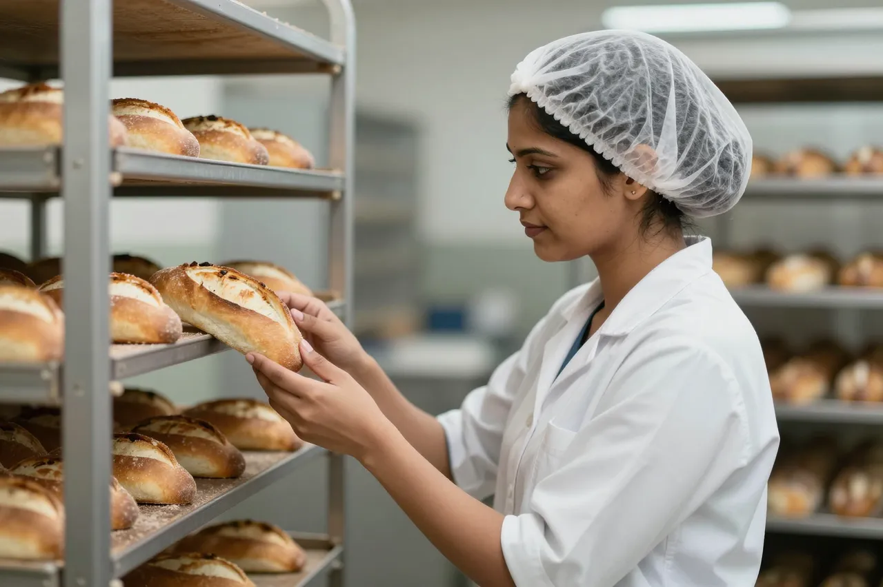 Side view of a South Asian woman in a hairnet inspecting fresh bread loaves on a bakery production rack.