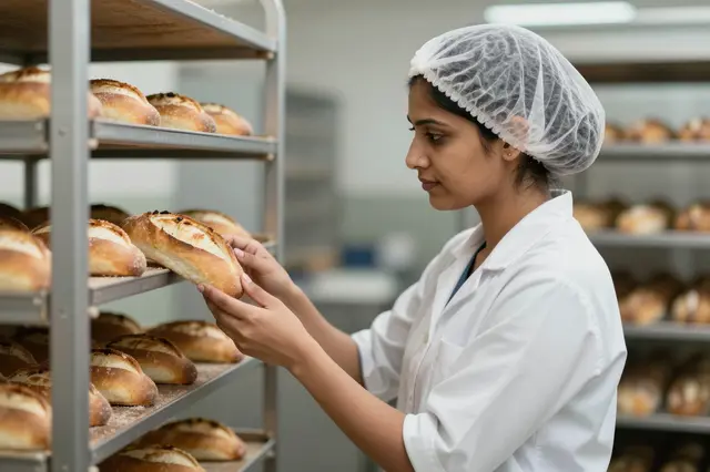 Side view of a South Asian woman in a hairnet inspecting fresh bread loaves on a bakery production rack.