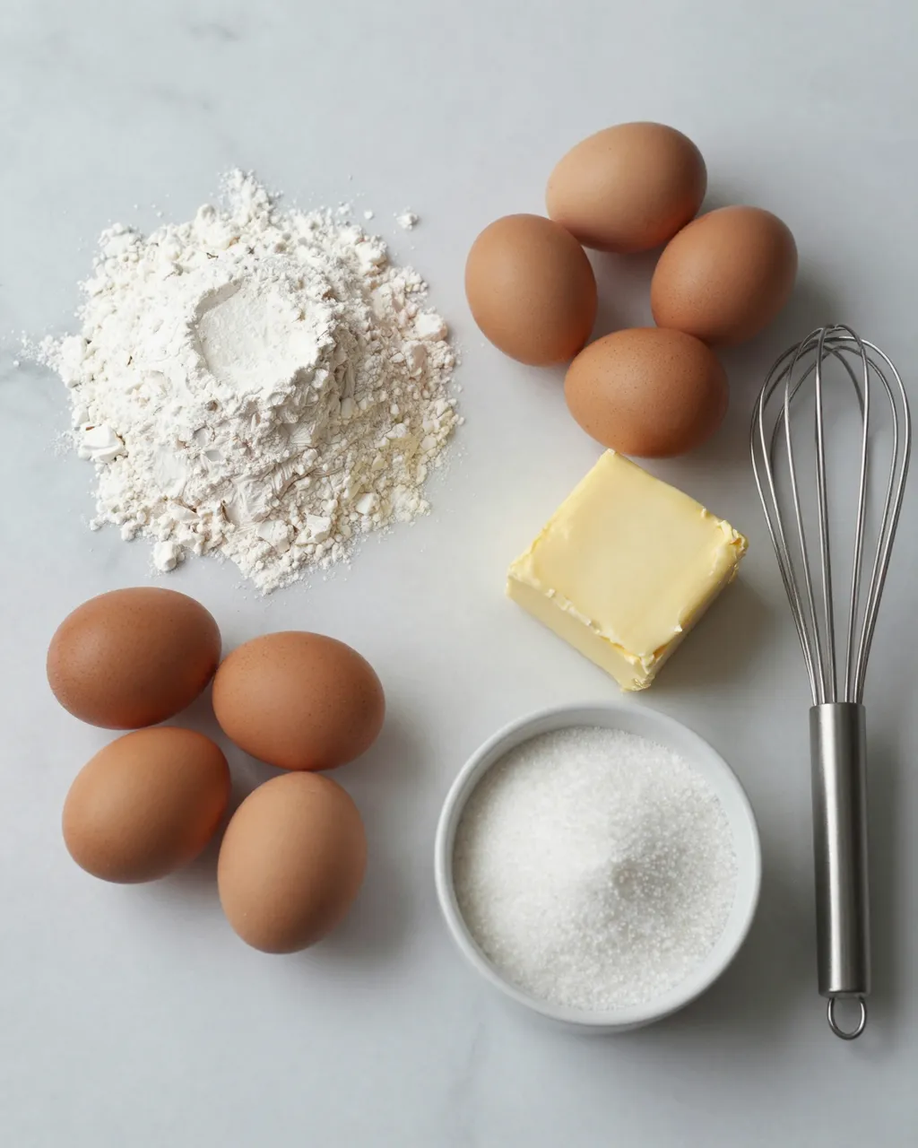 Flat lay arrangement of flour, brown eggs, butter, sugar, and a whisk on a light marble countertop