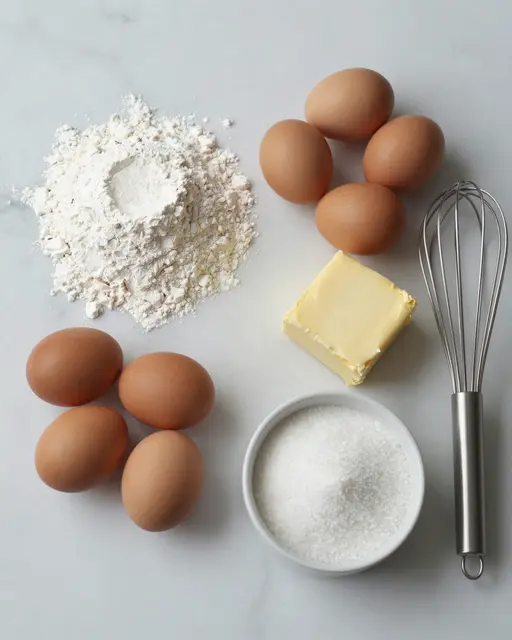 Flat lay arrangement of flour, brown eggs, butter, sugar, and a whisk on a light marble countertop