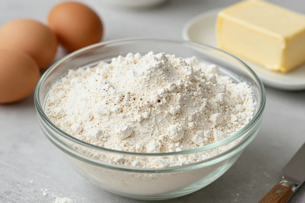 A glass bowl of flour sits with brown eggs and a butter block on a light gray kitchen countertop