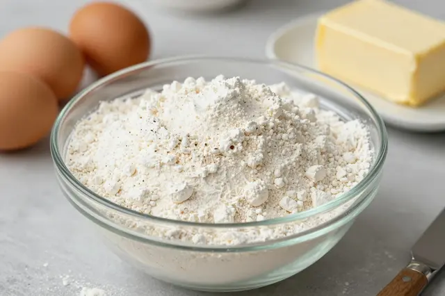 A glass bowl of flour sits with brown eggs and a butter block on a light gray kitchen countertop