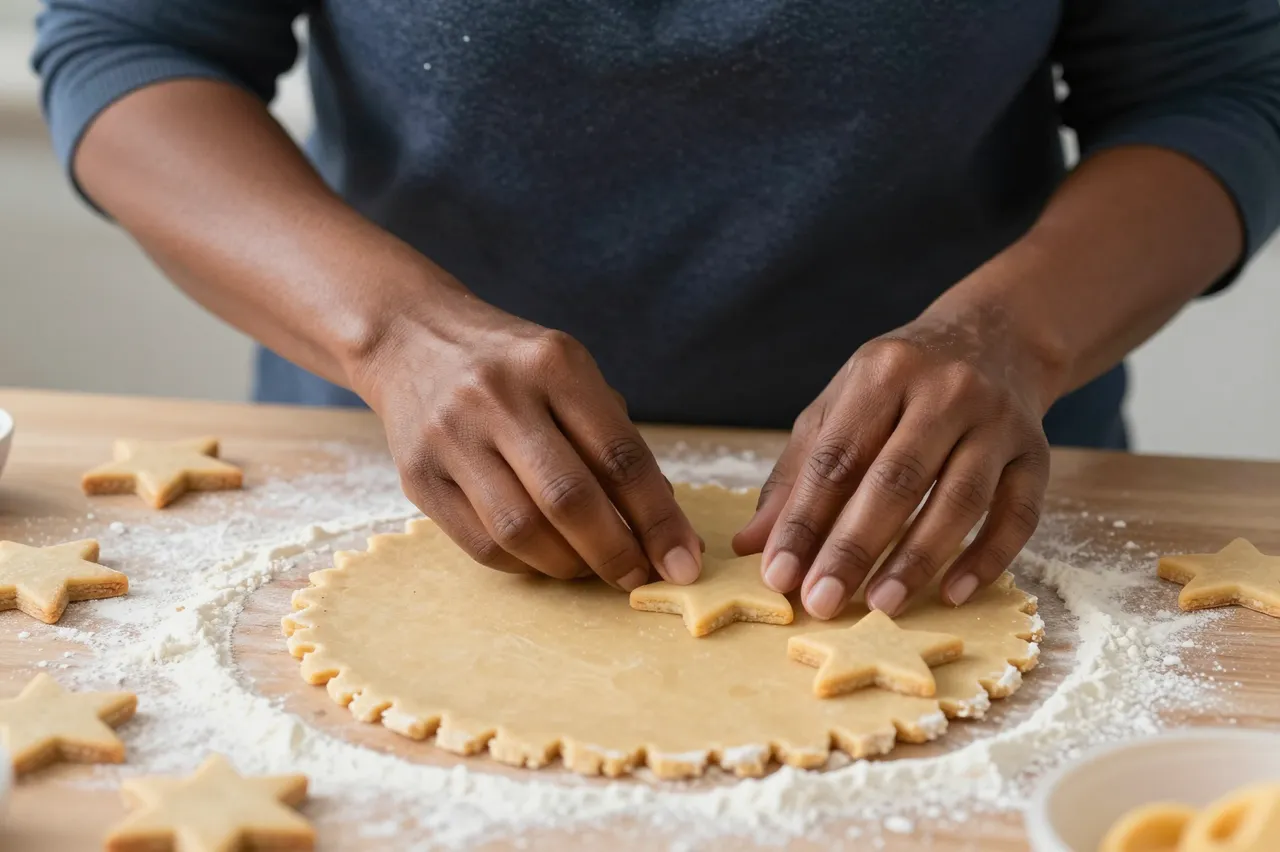A person arranges cut star cookie shapes on floured rolled dough atop a wooden table.
