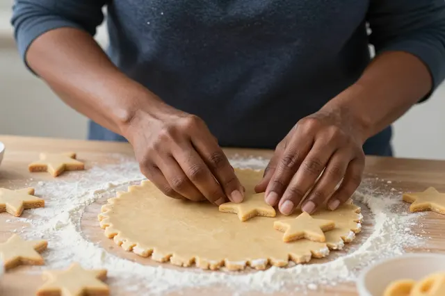 A person arranges cut star cookie shapes on floured rolled dough atop a wooden table.