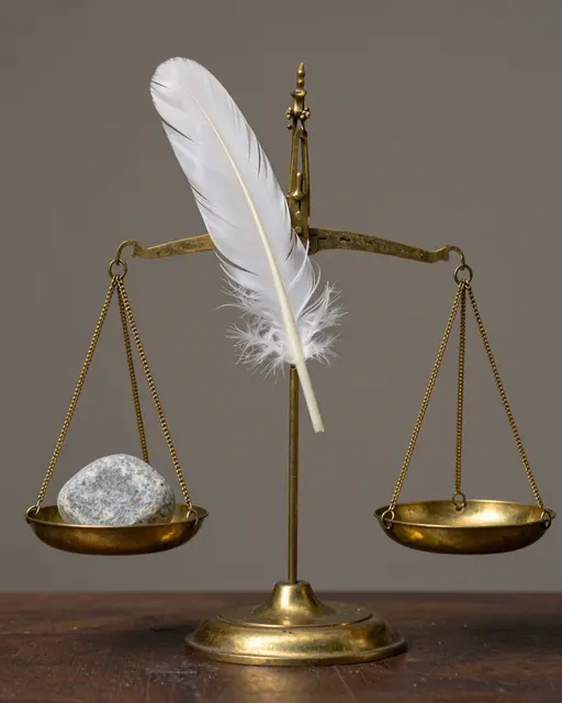 An old brass balance scale sits level holding a gray stone on one pan with a white feather propped against the beam.