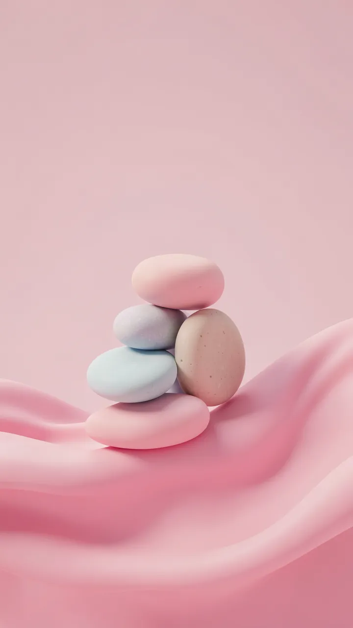 Stacked smooth pastel pebbles rest atop a flowing soft pink fabric wave against a solid pink background
