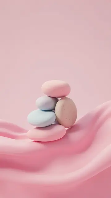 Stacked smooth pastel pebbles rest atop a flowing soft pink fabric wave against a solid pink background