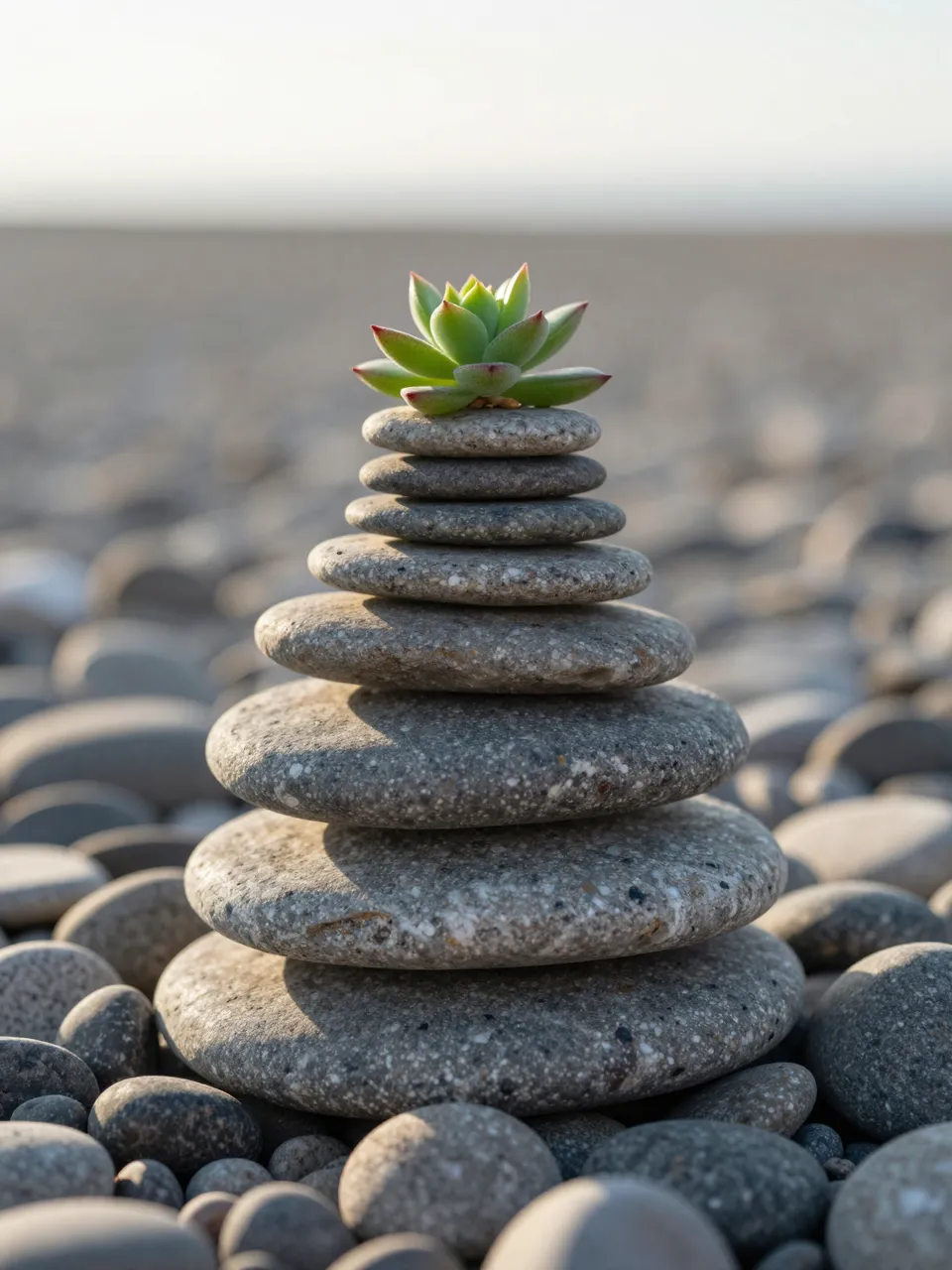 A stacked cairn of flat pebbles topped with a small succulent rests on a pebbled beach in soft sunrise light