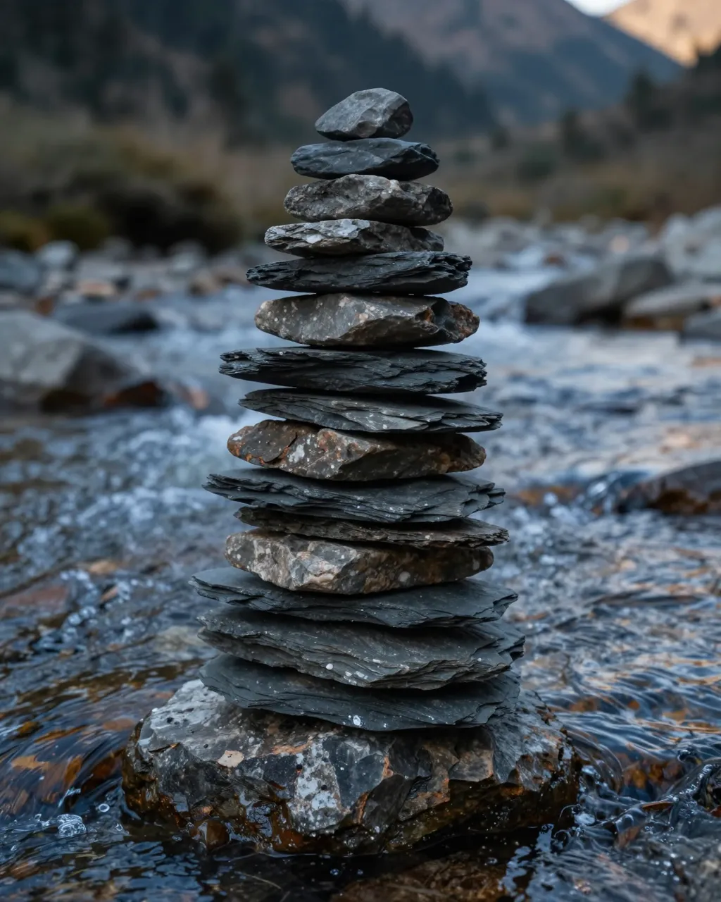 A tall stack of balanced flat slate stones stands in a flowing mountain stream at dusk