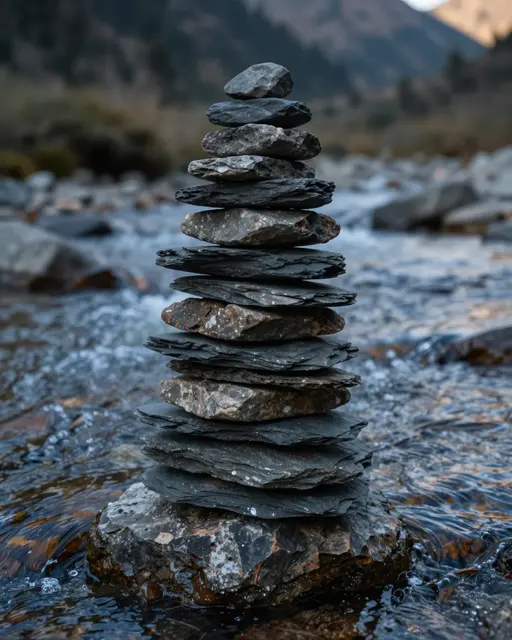 A tall stack of balanced flat slate stones stands in a flowing mountain stream at dusk
