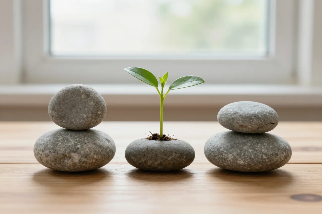 Stacked gray balance stones and a young seedling sit on a wooden table in front of a bright blurred window