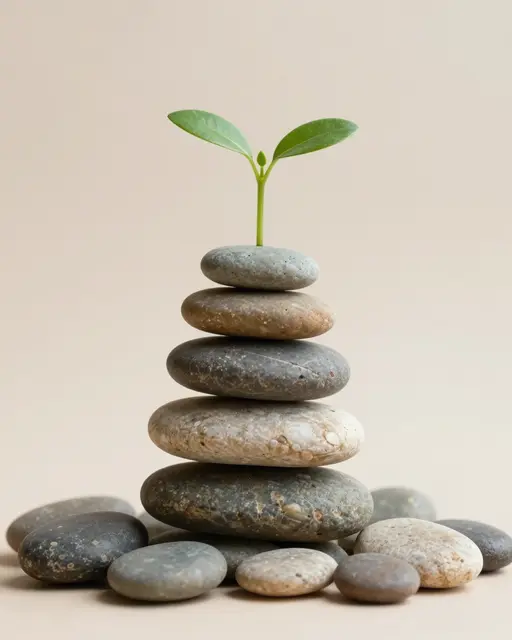 A neat stack of smooth river stones holds a small green seedling on a soft beige background