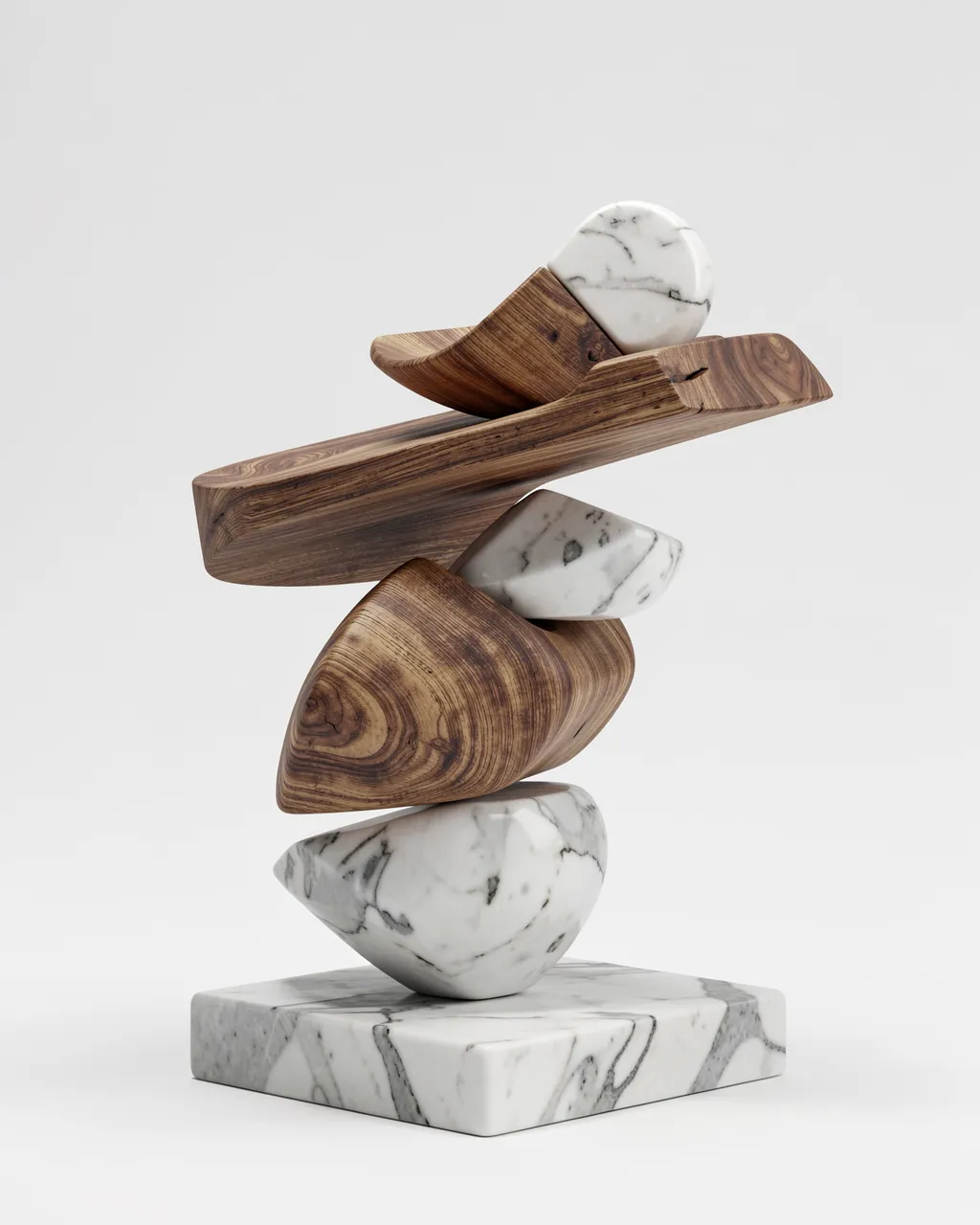 Stacked abstract balanced sculpture made of carved wood and marble shapes against a plain light gray background