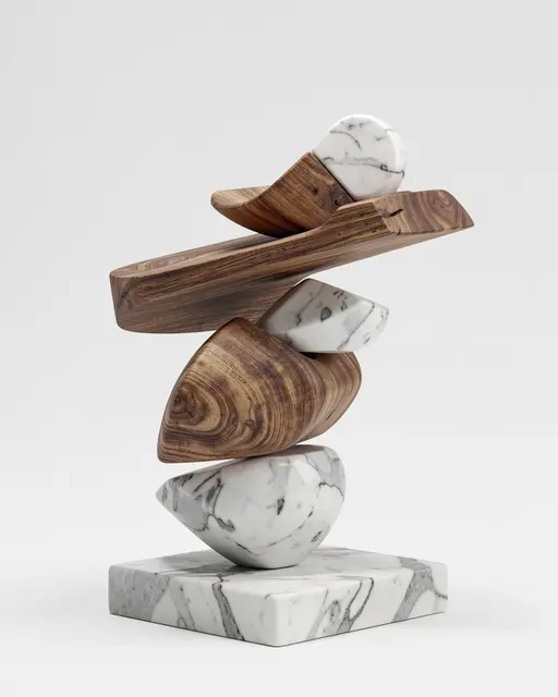 Stacked abstract balanced sculpture made of carved wood and marble shapes against a plain light gray background