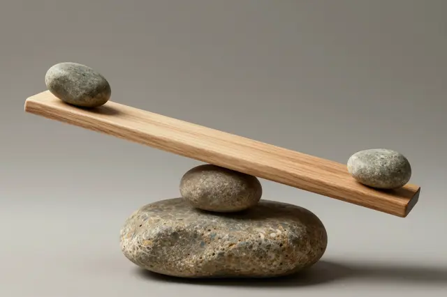 A wooden plank balanced on stacked round stones with a smooth pebble resting on each end.