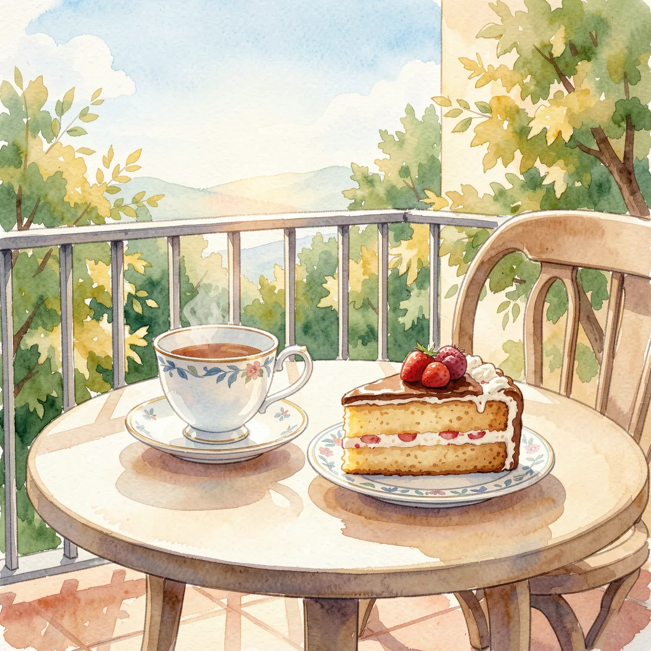 Watercolor illustration of a teacup and strawberry cake slice on a sunny round balcony table