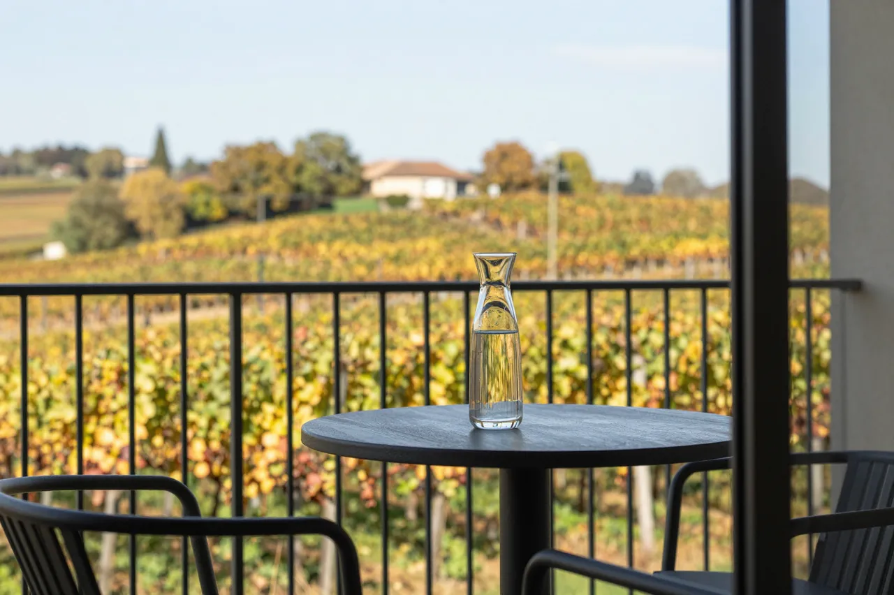 A glass water carafe sits on a small balcony table overlooking sunlit autumn vineyards