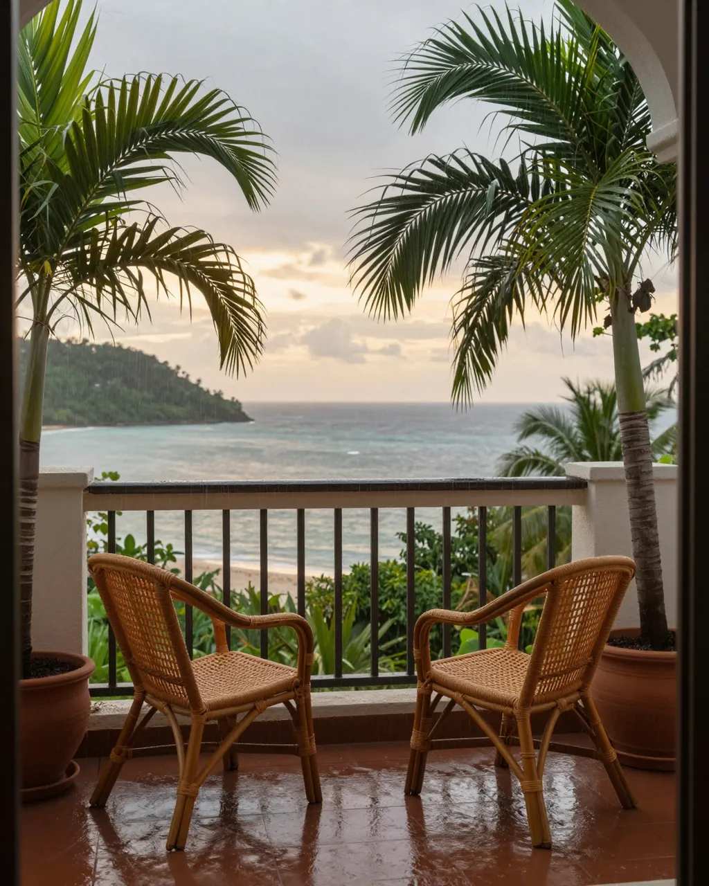 Wet narrow balcony with two rattan chairs and potted palms overlooks a calm tropical bay in warm evening rain.