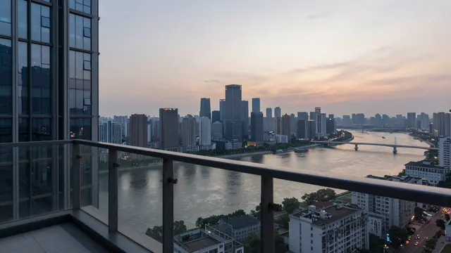 High-rise balcony overlooking a wide river and dense city skyline at soft dusk