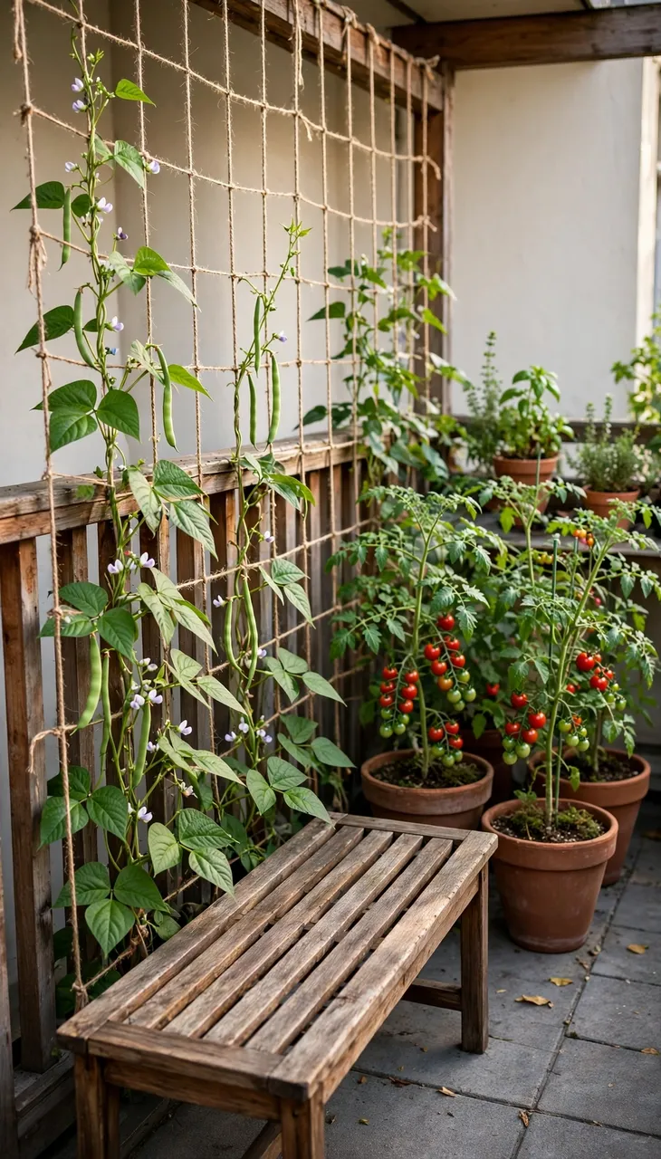 Potted climbing beans and cherry tomato plants grow alongside a wooden bench on a small urban balcony