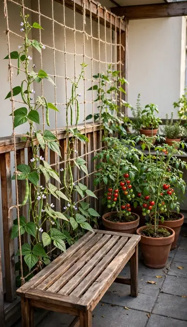 Potted climbing beans and cherry tomato plants grow alongside a wooden bench on a small urban balcony