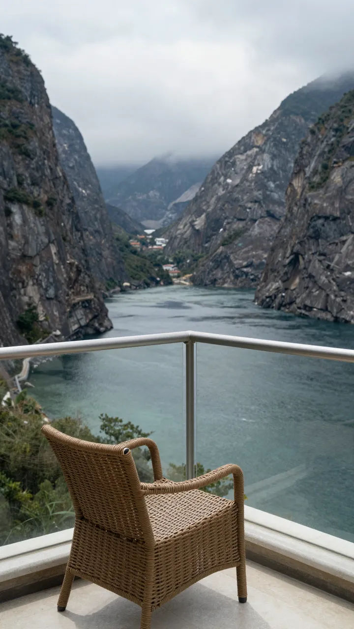 Wicker chair on a hotel balcony overlooking a misty steep mountain fjord under overcast low cloud