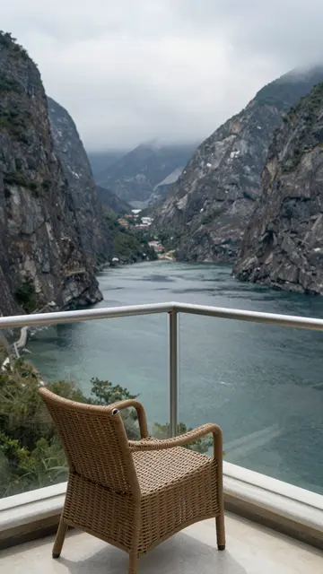 Wicker chair on a hotel balcony overlooking a misty steep mountain fjord under overcast low cloud