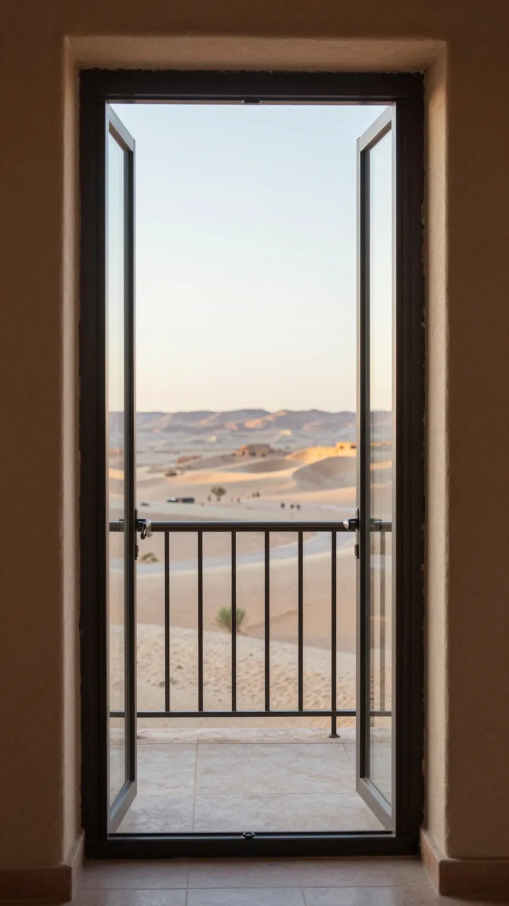 Open glass balcony doors from a hotel room frame a sunlit desert valley at sunrise