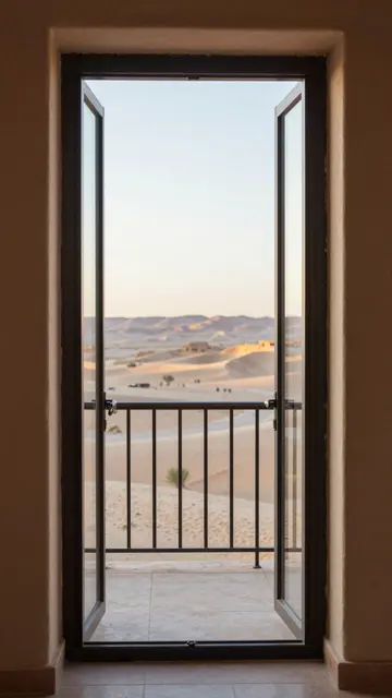 Open glass balcony doors from a hotel room frame a sunlit desert valley at sunrise