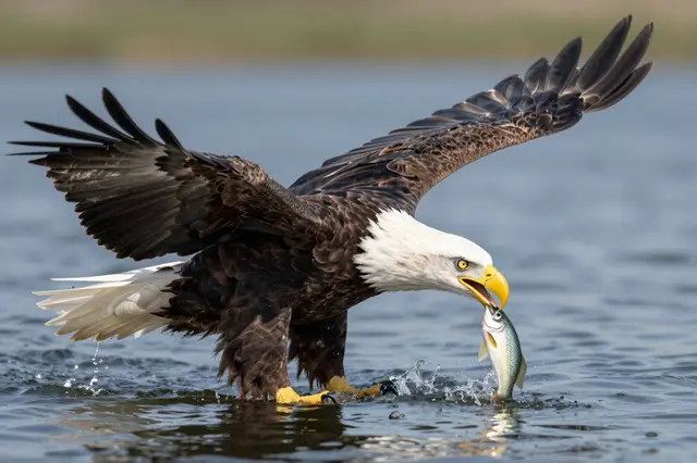A bald eagle with spread wings stands in lake water holding a caught fish in its beak