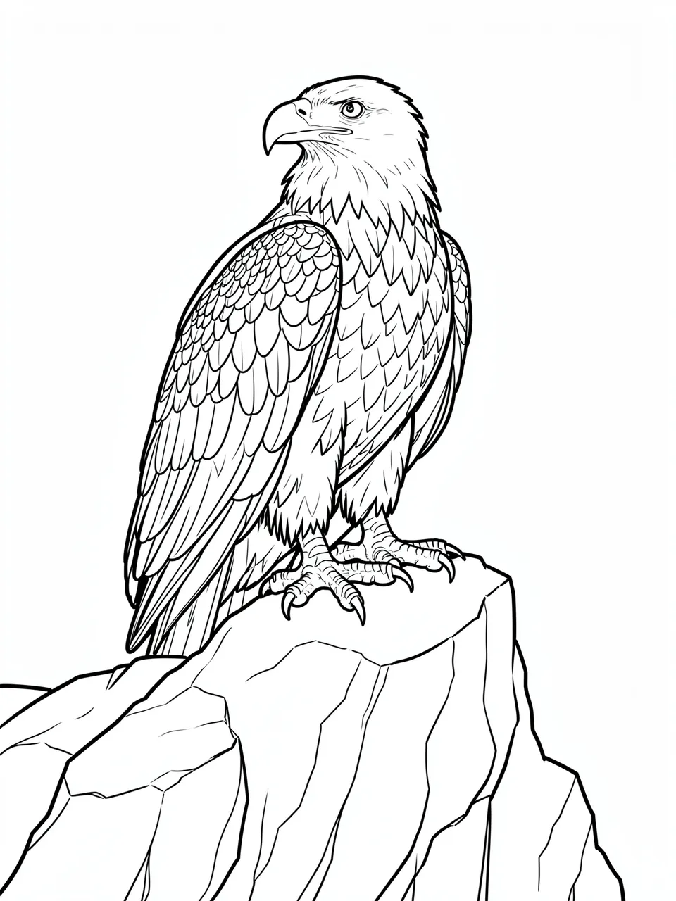 Black and white line art of a bald eagle perched on a rocky cliff for a coloring page