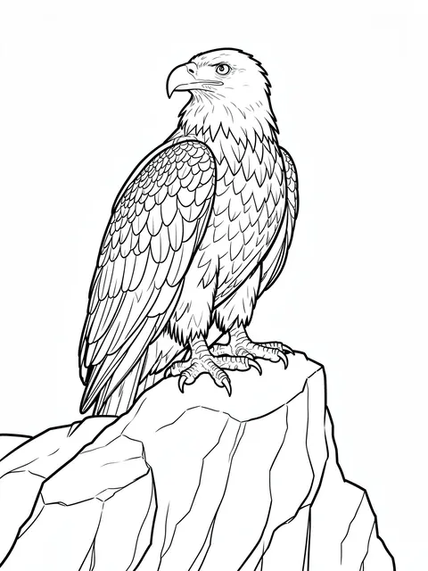 Black and white line art of a bald eagle perched on a rocky cliff for a coloring page