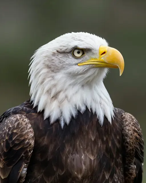 Sharp close-up portrait of a bald eagle with a white head and yellow beak against a soft blurred green background