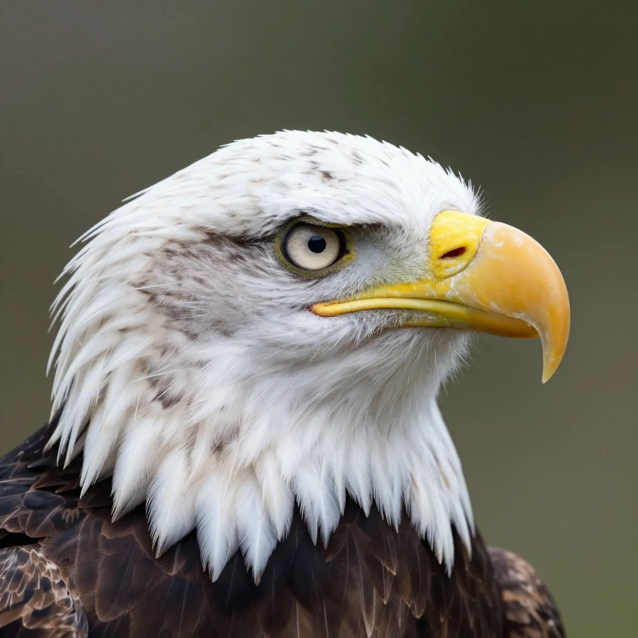 Close-up portrait of a bald eagle's head showing its pale eye, yellow hooked beak, and white head feathers against a soft