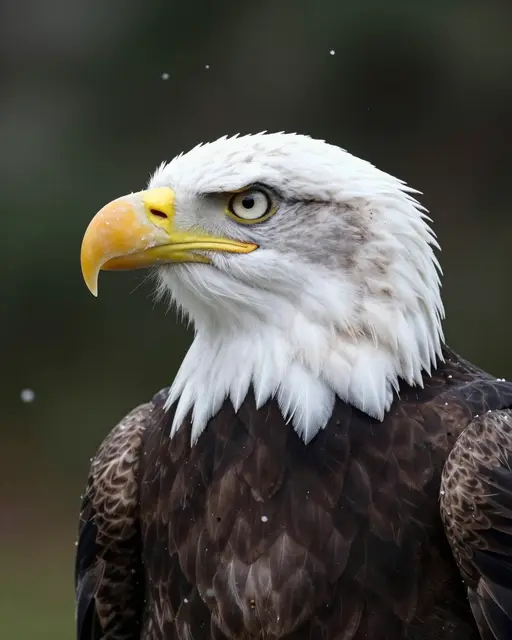 Close-up profile of a bald eagle with falling snowflakes against a blurred dark forest background