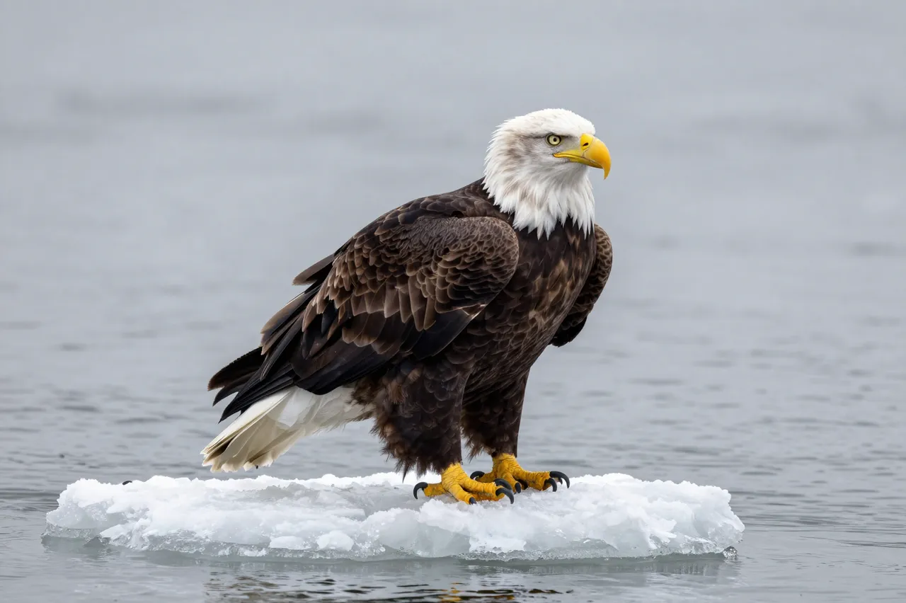 A ruffled bald eagle stands perched on a chunk of floating ice over a gray calm winter river