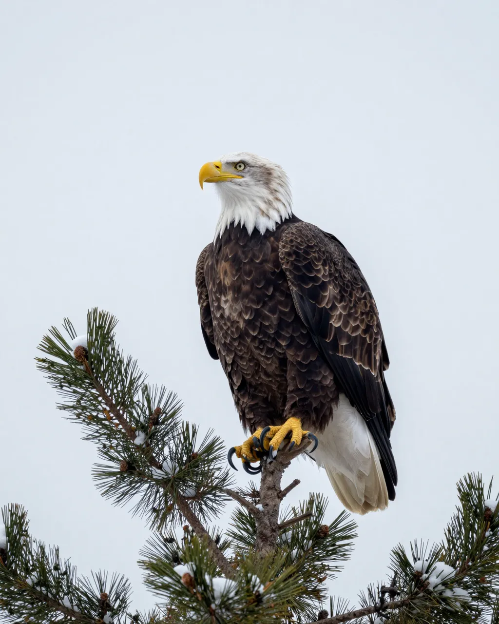 A bald eagle perches upright on a snow-dusted pine branch beneath a pale overcast winter sky.
