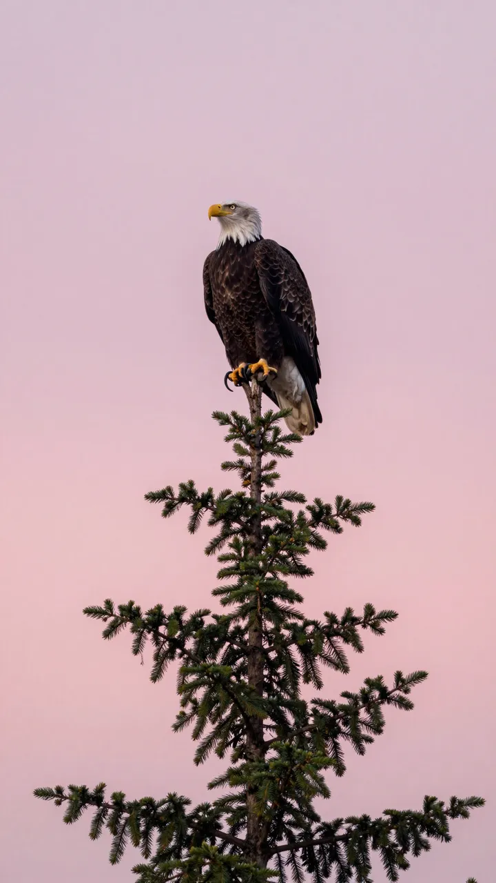 A bald eagle perches on the top of a tall spruce tree against a soft pink sunrise sky.