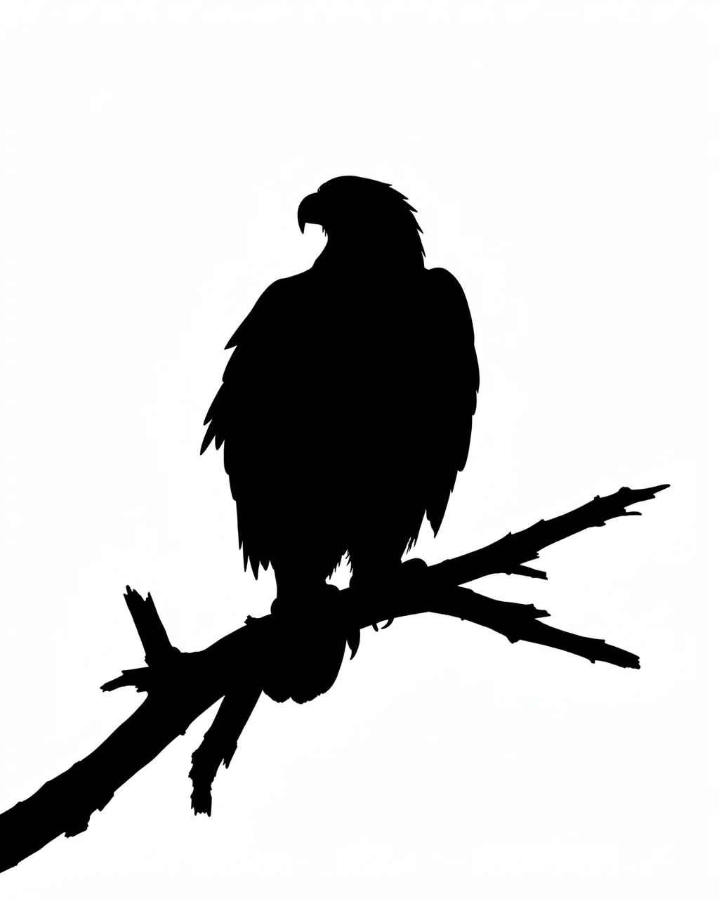 Solid black silhouette of a bald eagle perched on a dead branch against a plain white background