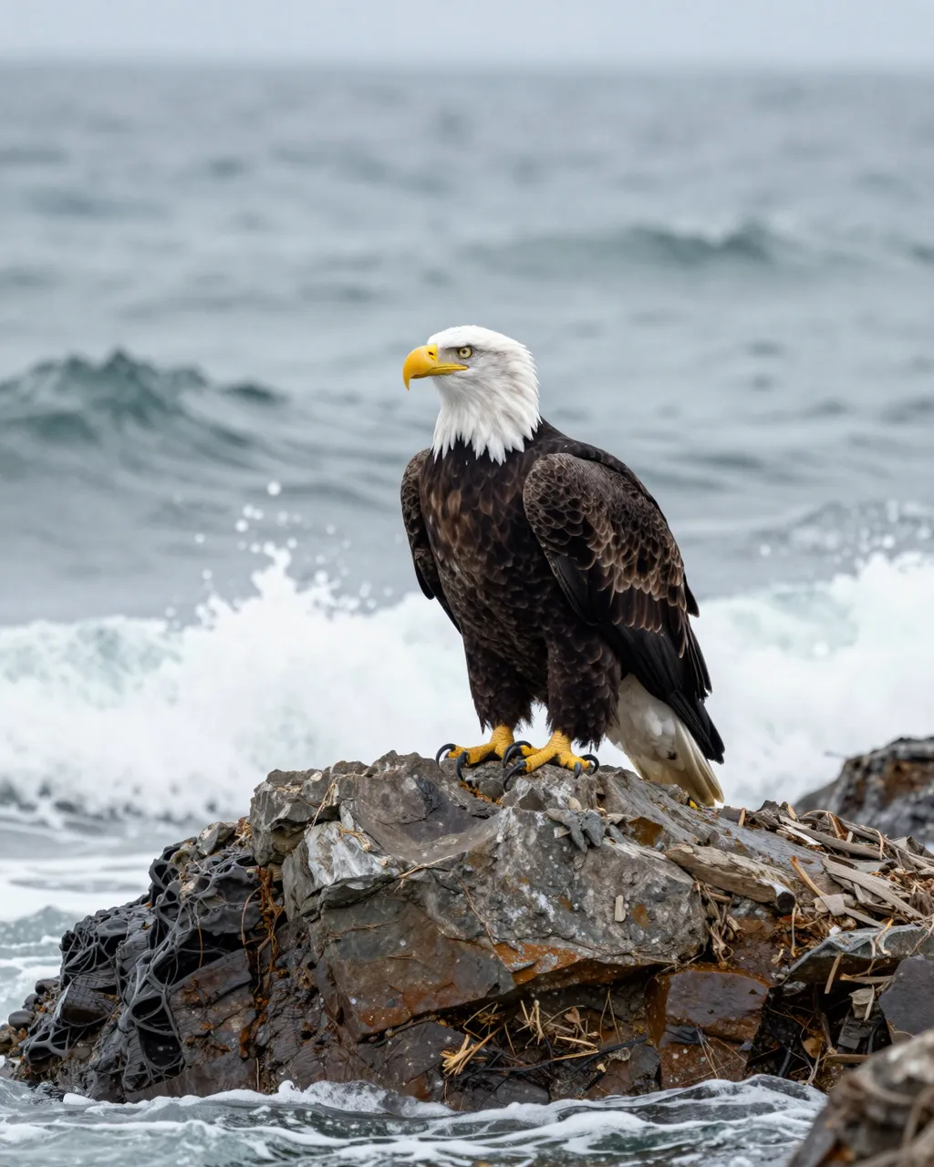 A bald eagle with a white head and yellow beak stands perched on a rocky outcrop as waves crash behind it under overcast