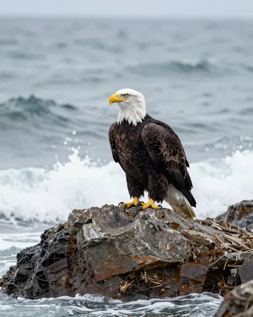 A bald eagle with a white head and yellow beak stands perched on a rocky outcrop as waves crash behind it under overcast
