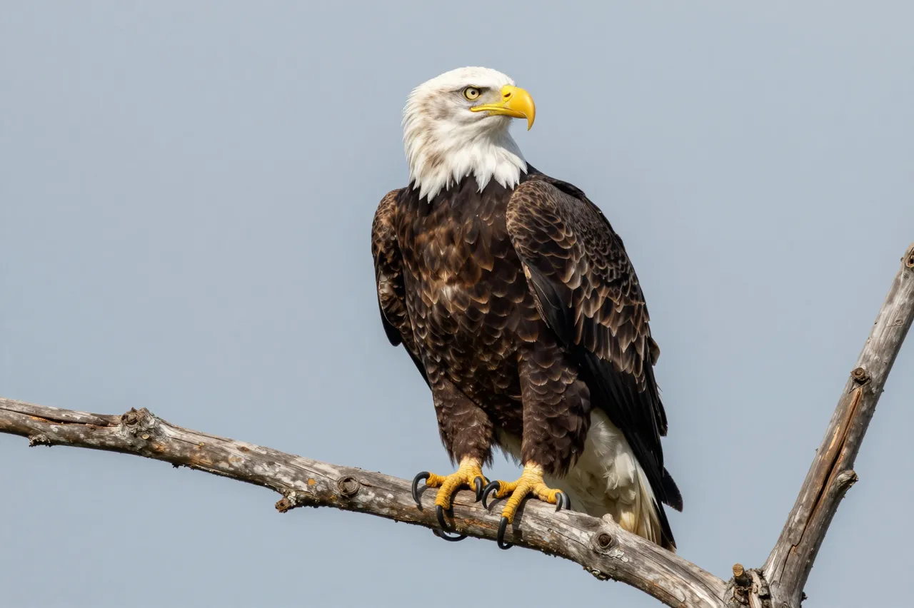 A bald eagle with white head and dark plumage perches alert on a weathered dead tree branch against a pale clear sky.