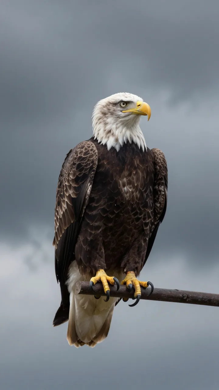 A bald eagle perches on a wooden rod against a dark overcast stormy sky
