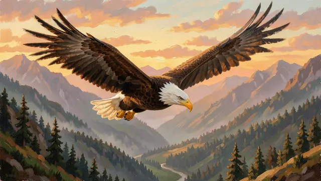 Oil painting of a bald eagle flying over a misty mountain valley at warm sunrise